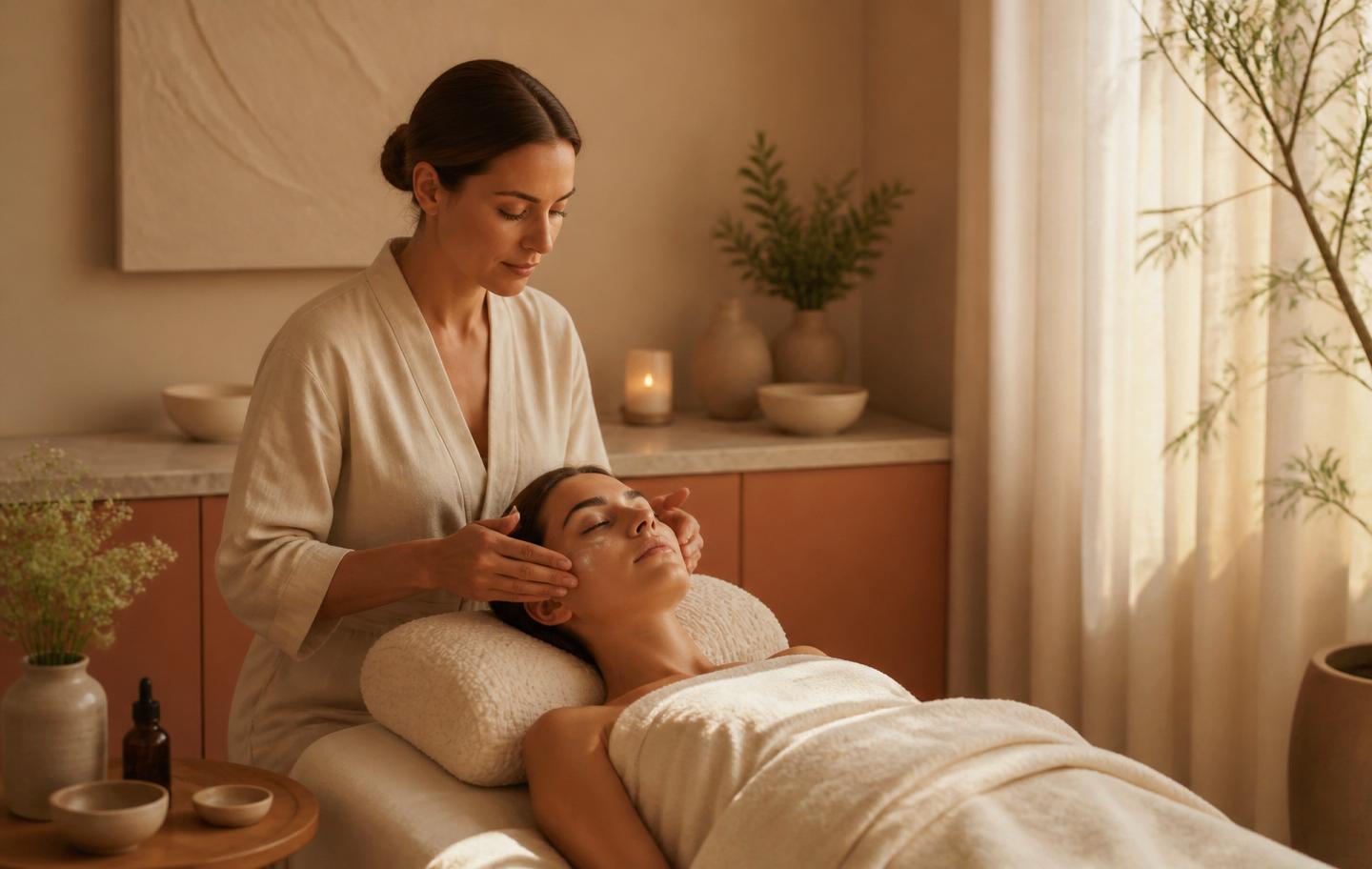 Calm in-home spa treatment in warm natural light